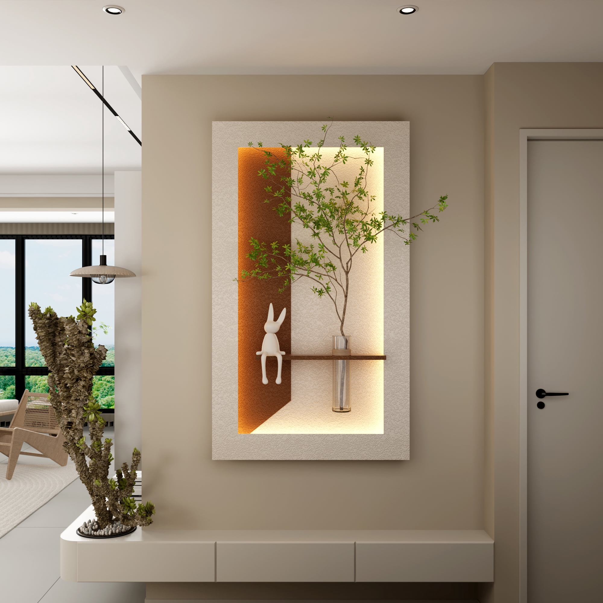 Aukfa 3D Sandstone Wall Art with Artificial Green Plants, LED Wall Decor with Glass Vase & Rabbit Statue, Remote Control for Living Room/Bedroom