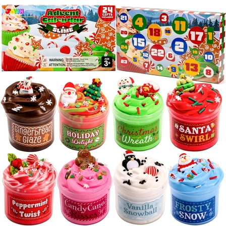 Joyfy 2025 Christmas Advent Calendar, 24 Days Countdown Calendar, 8 Colors Slime Kit with Xmas Dessert Theme Accessories, Fun Gifts for Kids