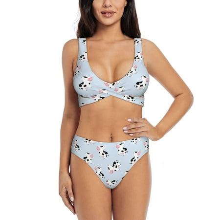 Zeuib Cute Farm Cow High Waisted Tummy Control Bikini Set - Knot Front Push Up Top & Cheeky Thong Bottom  Two-Piece Swimsuit for Women-X-Large