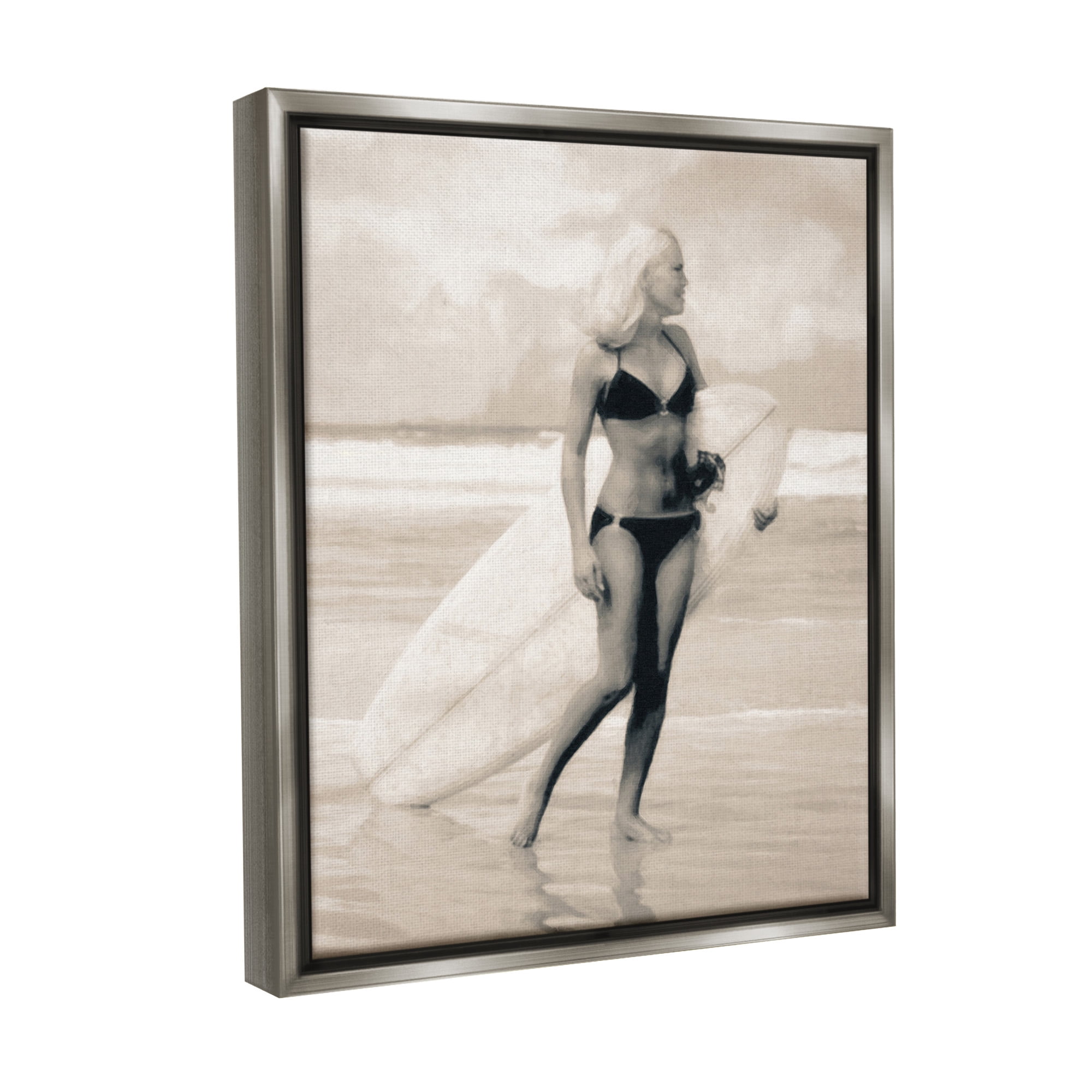 Stupell Industries Surfing Woman on Shore Sports Painting Gray Floater Framed Canvas Art Print Wall Art, 17 x 21