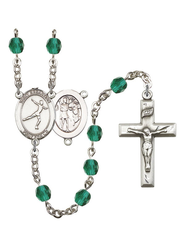 Sebastian-Figure Skating Center and 1 5/8 x 1 inch Crucifix St Sebastian-Figure Skating Rosary with 6mm Saphire Color Fire Polished Beads Gift Boxed Silver Finish St