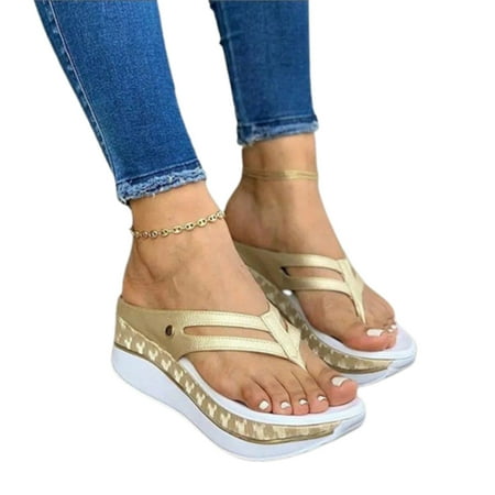 

Women Thongs Slippers Casual Bulky Platform Sandals PU Flat Heel Slide Shoes 37 Gold