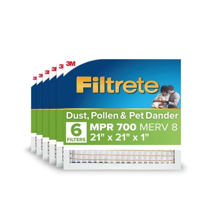 Filtrete 21x21x1 HVAC Furnace Air Filter, MPR 700 MERV 8, Dust, Pollen & Pet Dander Reduction, 6 Pack