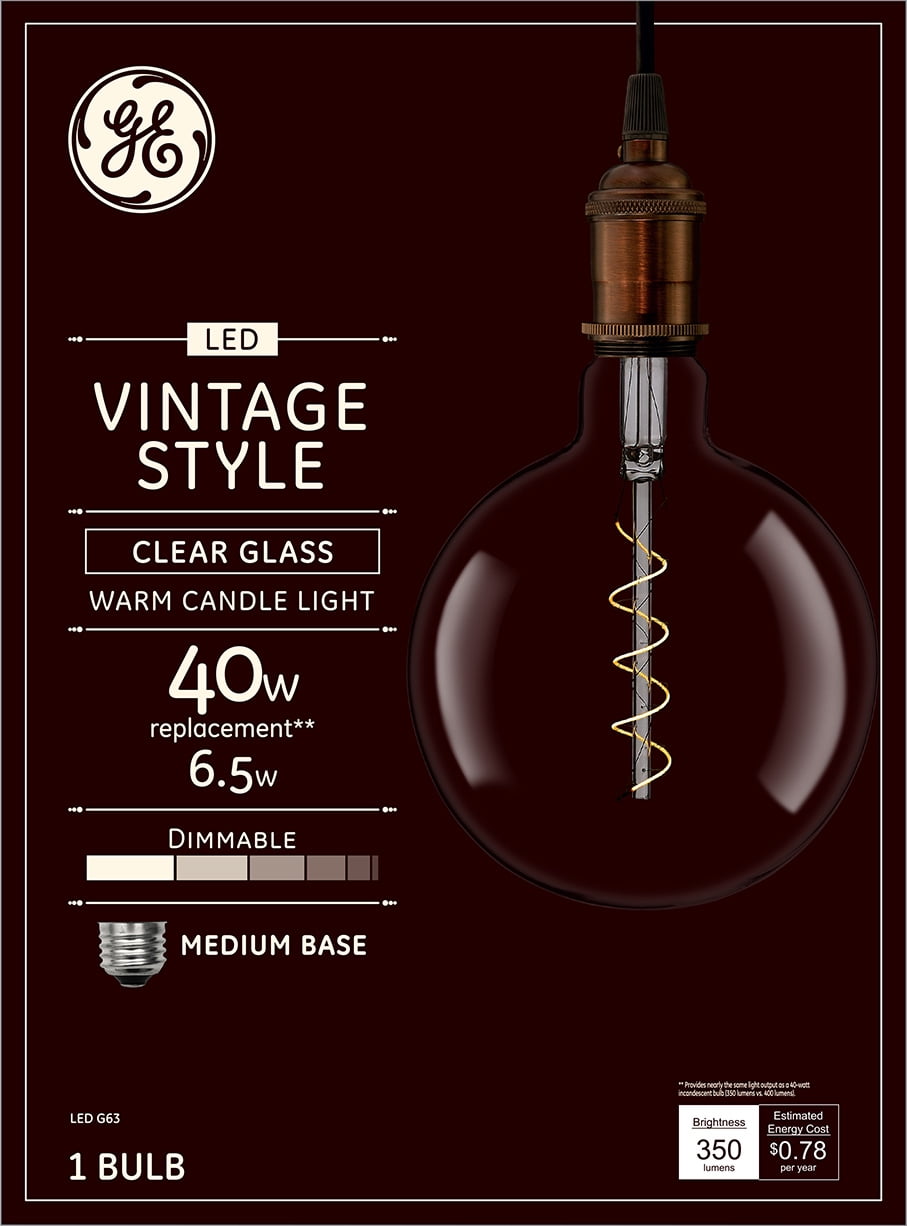 GE Vintage Style LED Light Bulbs, Globe Style Bulb, Clear Glass, Warm Candlelight, 40 Watt Equivalent, Medium Base, Dimmable (1 Pack)