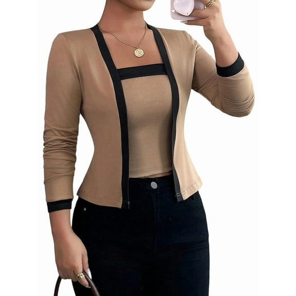 Women'S Contrast Colorblock Cardigan Vest Two-Piece Set Long Sleeve Cropped Cardigan Striped Shawl Khaki S