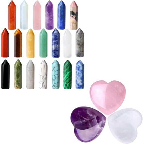 20 PCS Healing Crystals Stones Sets Wands and 1.2" Large Heart Crystals Rose Quartz Amethyst Healing Clear Crystal Heart Shape Love Stones Gemstones Stone Polished Thumb Gemstones
