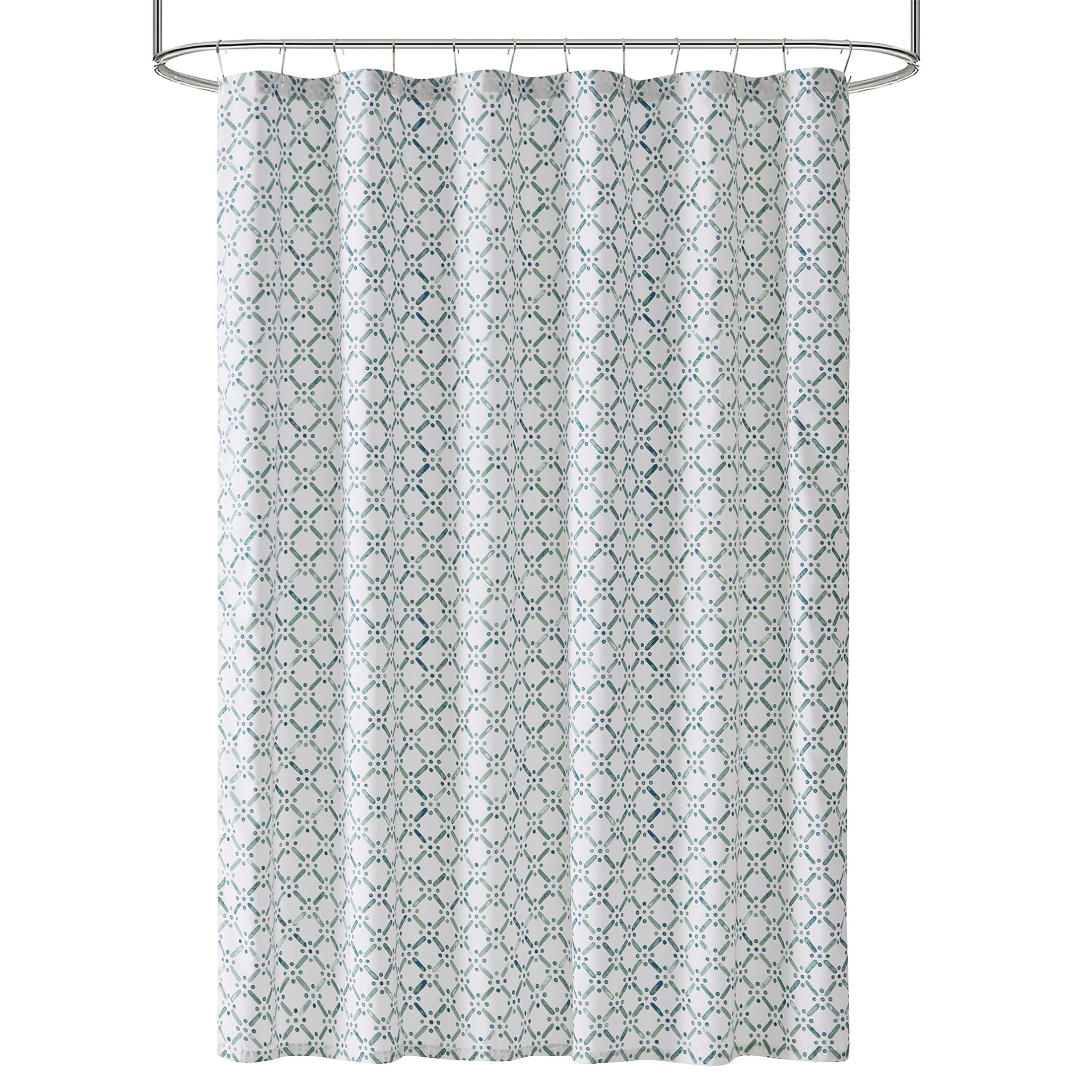 Mainstays 15-Piece Green & White Diamond Bathroom Set – Shower Curtain, Bath Rugs & Hooks, Stylish Polyester Design