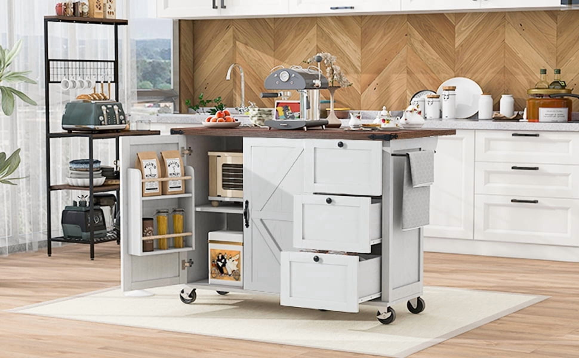Yoneston 54.5" Farmhouse Kitchen Island with Power Outlet and Drop Leaf, Multifunctional Kitchen Trolley with Internal Storage Rack, Spice Rack and 2 Doors 3 Drawers for Kitchen Dining Room, White