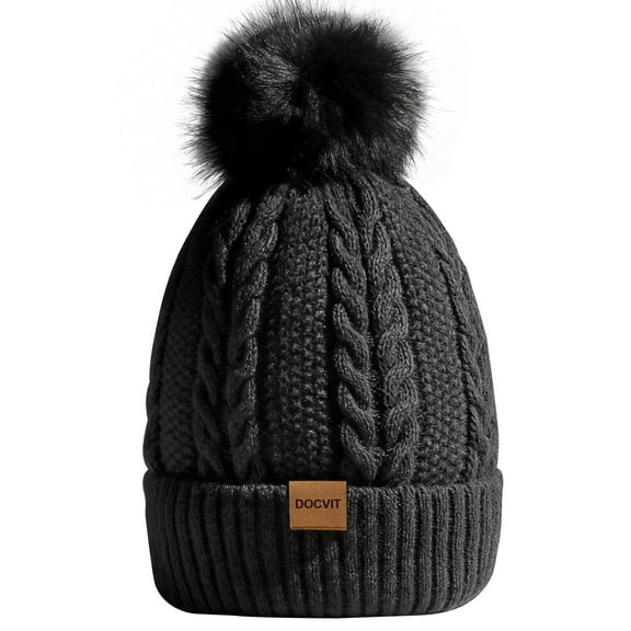 REDESS Women's Winter Beanie Hat Fleece Lined Cable Knitted Pom-Pom Hat,Black