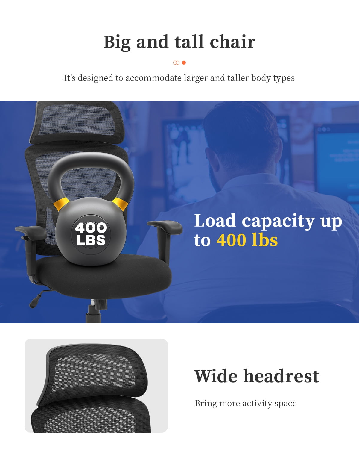 BestOffice Big and Tall Office Chair 400lbs Wide Seat Mesh Rolling Swivel Task Chair(Black)