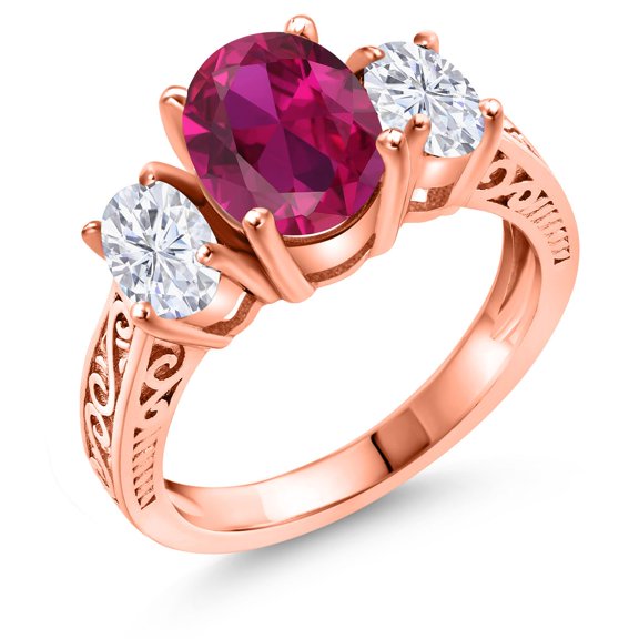 Gem Stone King 18K Rose Gold Plated Silver 3-Stone Ring Created Ruby Moissanite (3.00 Cttw)