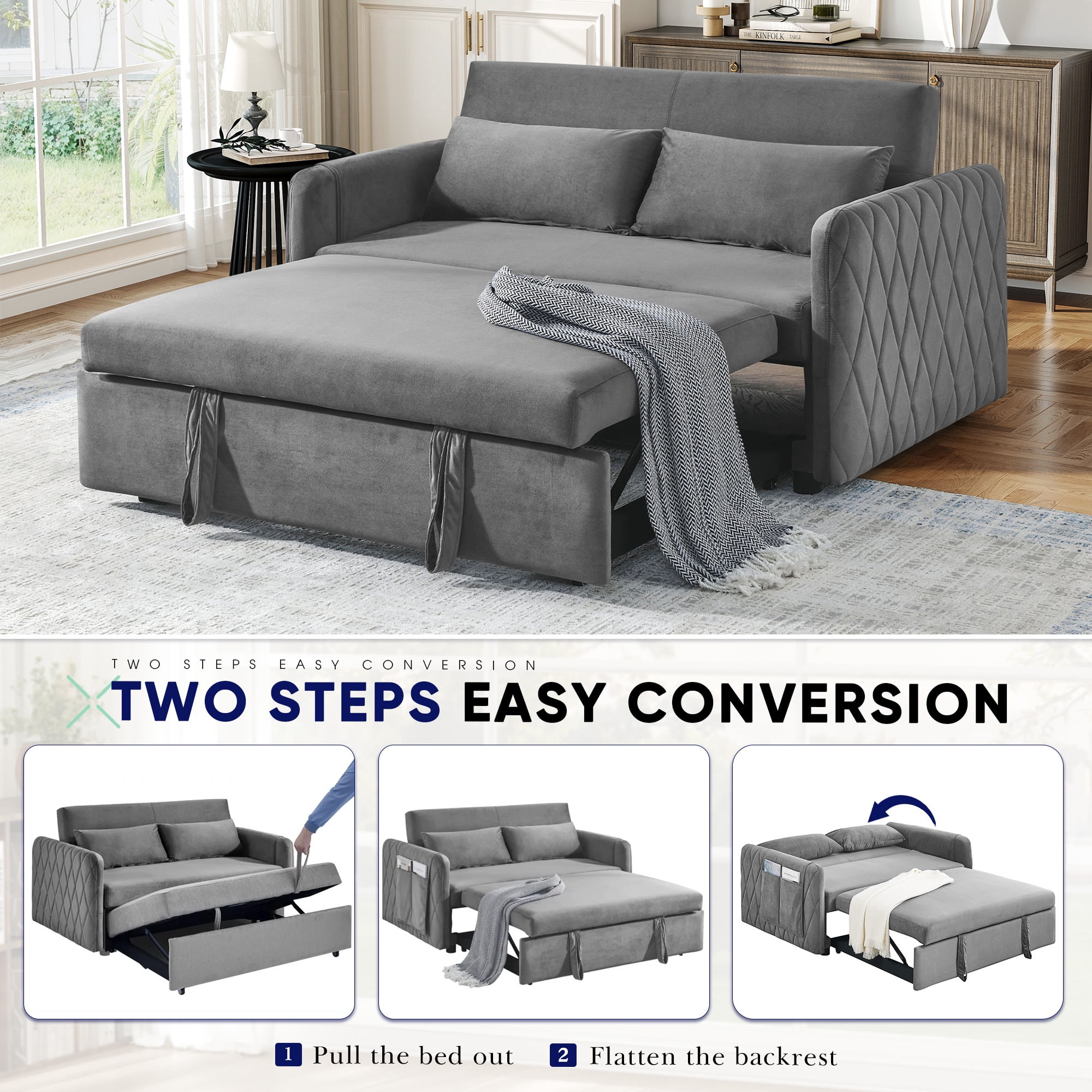 Lunale Convertible Futon Sofa Bed for Living Room, Modern Upholstered Loveseat Sleeper in Gray