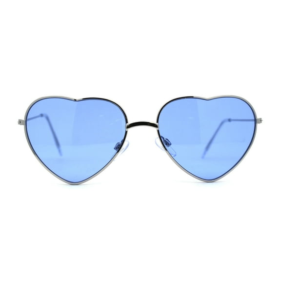 Womens Pop Color Lens Hippie Heart Shape Metal Rim Sunglasses Silver Blue