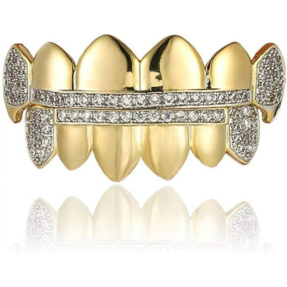 14K Gold Plated Iced Out CZ Top and Bottom Vampire Fangs Grillz for Your Teeth Hip Hop - style:Gold;