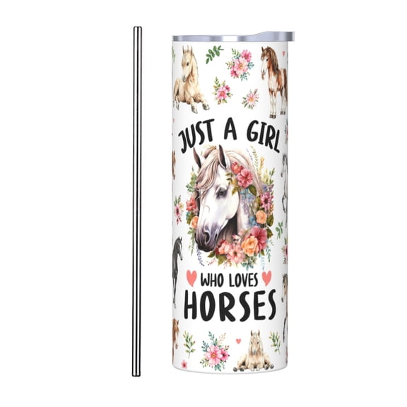 20oz Just a Girl Who Loves Horses Insulated Car Tumbler with Handle and Straw Lid Horse Lover Gift with Stainless Steel Straw