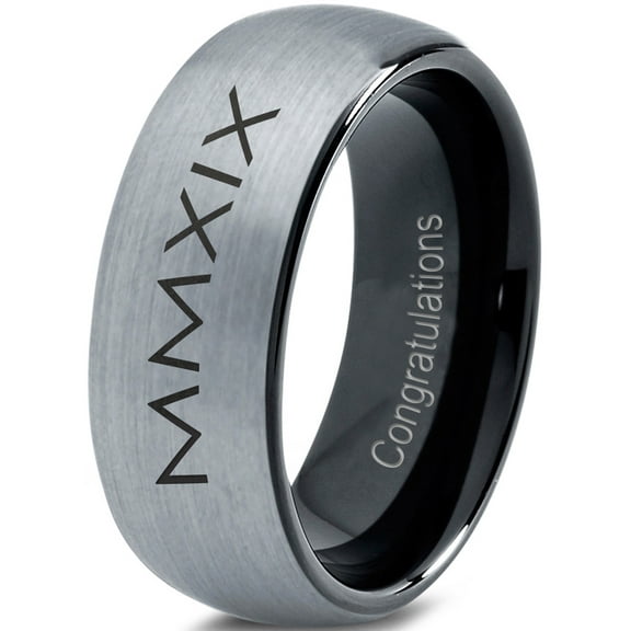 Tungsten Congrats Grad Class Of 2019 Roman Numerals Engraved Band Ring 8mm Men Women Comfort Fit Black Dome Brushed Gray Polished
