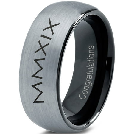 Tungsten Congrats Grad Class Of 2019 Roman Numerals Engraved Band Ring 8mm Men Women Comfort Fit Black Dome Brushed Gray