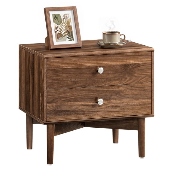HOOBRO Nightstand with 2 Drawers & Solid Wood Legs, Walnut