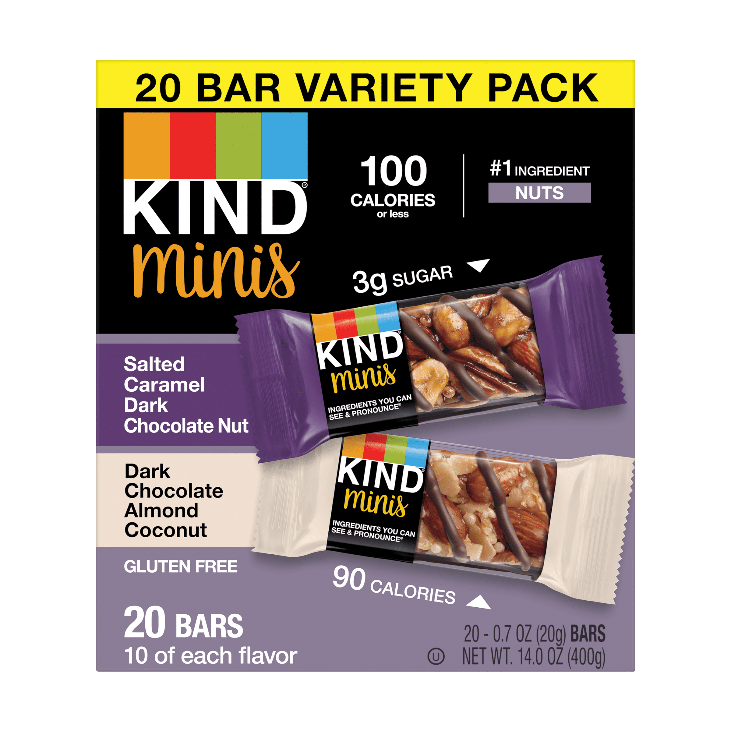 KIND Bars, Salted Caramel Dark Chocolate Nut / Dark Chocolate Almond  Coconut Minis Variety Pack, Gluten free, .20 oz, 20 Snack Bars