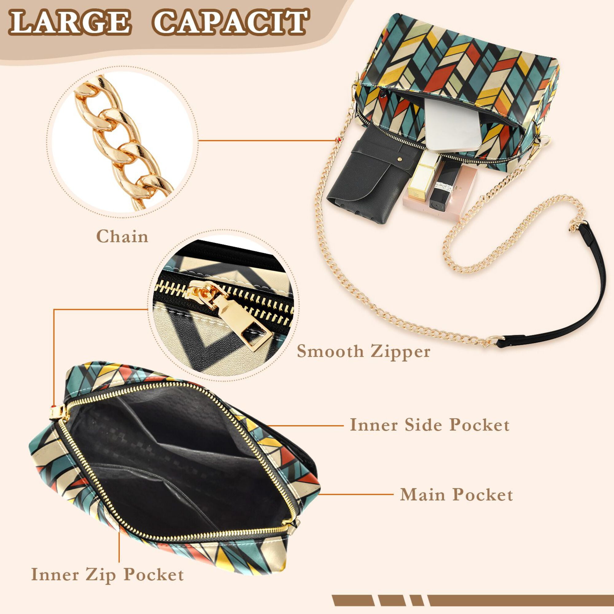 FORMRS Women Crossbody Purse with Chain Strap Vegan Leather Shoulder Handbag, Yellow Geometric