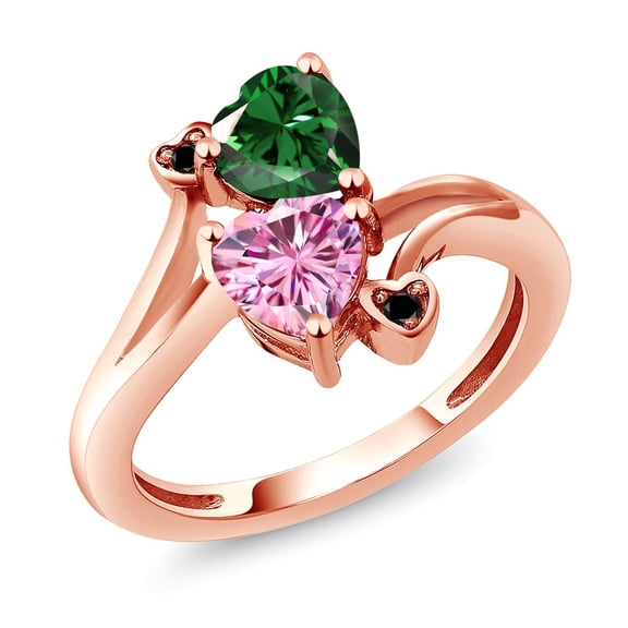 Gem Stone King 18K Rose Gold Plated Silver Green Nano Emerald Pink Moissanite and Black Diamond Ring for Women (1.53 Cttw, Heart Shape 6MM, Gemstone May Birthstone, Size 8)