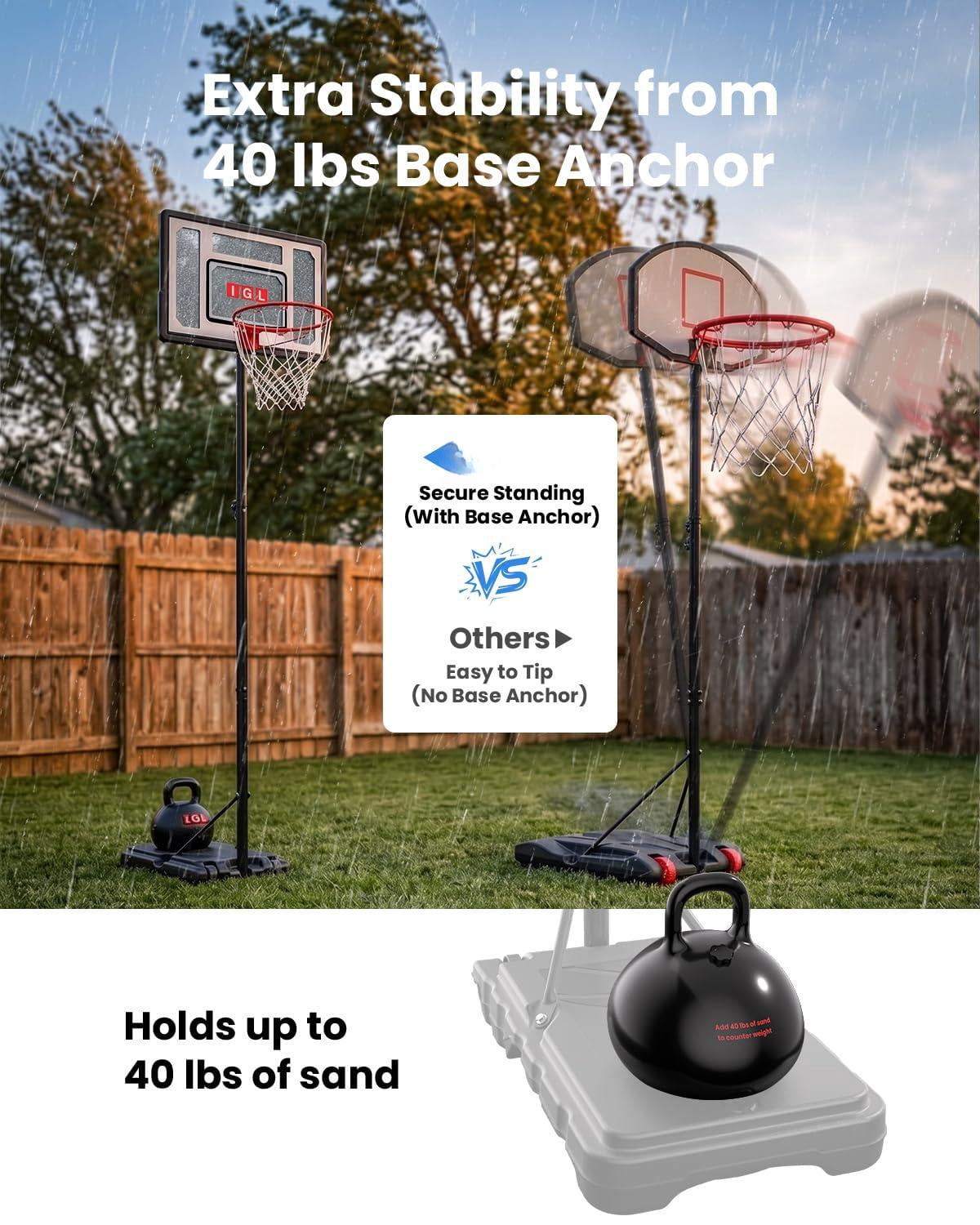Basketball Hoop Outdoor Adjustable  33 Inch Portable Goal With Pc Backboard Fillable Base & 40 Lb Weight Ball For Backyard Driveway