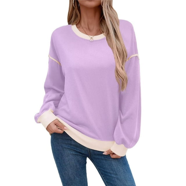 Sudadera Informal de Larga para Mujer, Cuello Redondo, Holgada, , con Ribete en Contraste. Púrpura L