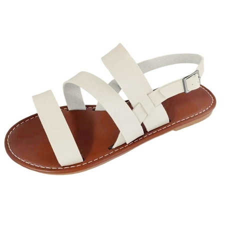 

Ladies Fashion Summer Solid Leather Slim Band Combination Open Toe Buckle Flat Sandals