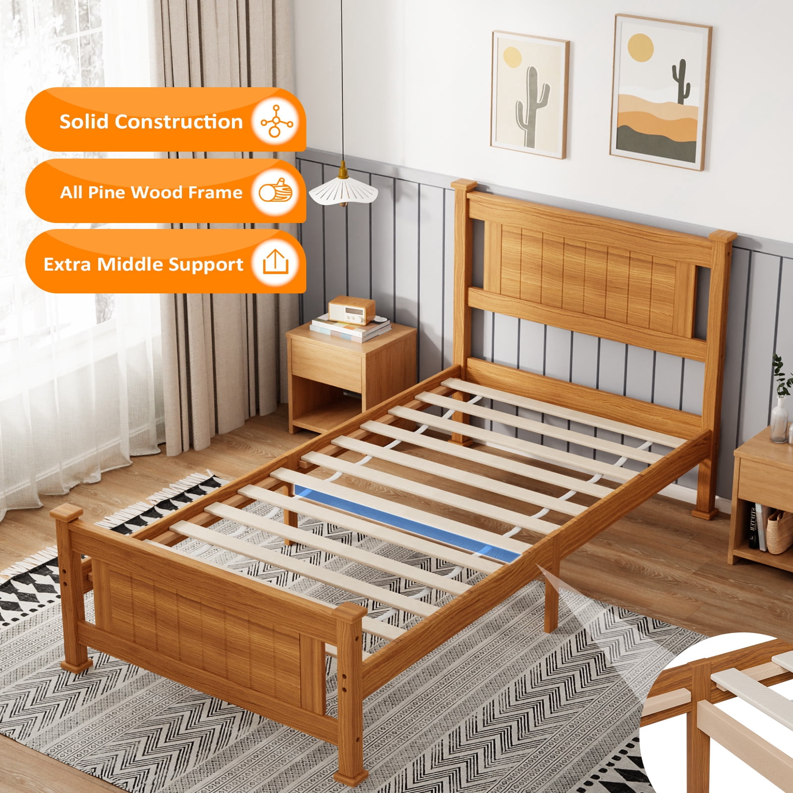 Zimtown Twin Bed Frame,Solid Pine Wood Platform Bed Frame, Bedroom Bed with Headboard, Brown