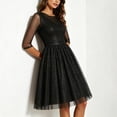 thumbnail image 4 of Karymi Easter Dress Glitter Mesh Cocktail Party Dress, Round Neck 3/4 Sheer Sleeve High Waist A-Line Knee Length Dress, Sparkly Tulle Evening Dress Summer Dress, 4 of 7
