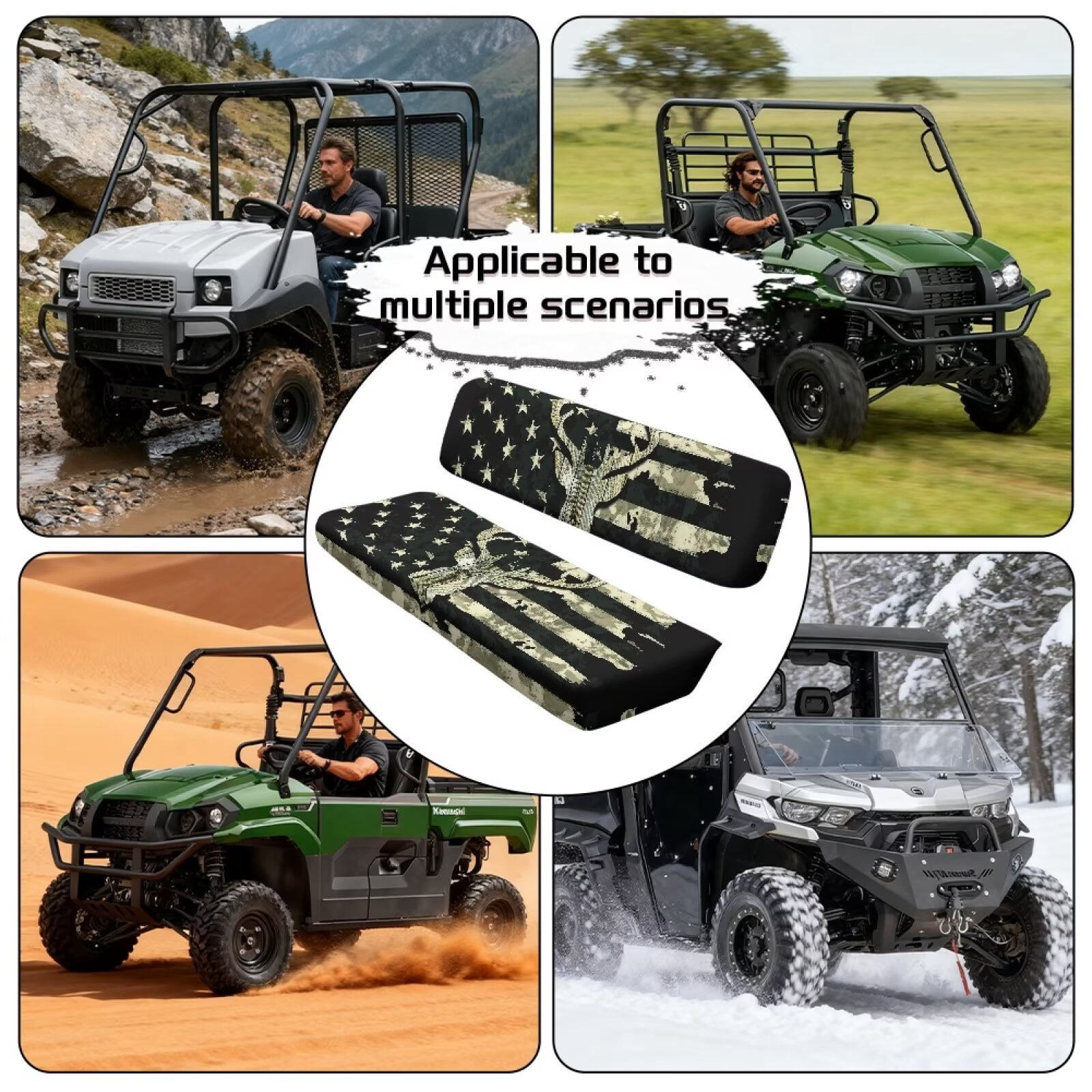 Yuyamidu Camo Deer Bench Seat Cover Compatible with Kawasaki Mule 4010 4x4 American Flag Ranger Seat Cover Easy to Install Four Wheeler Accessories