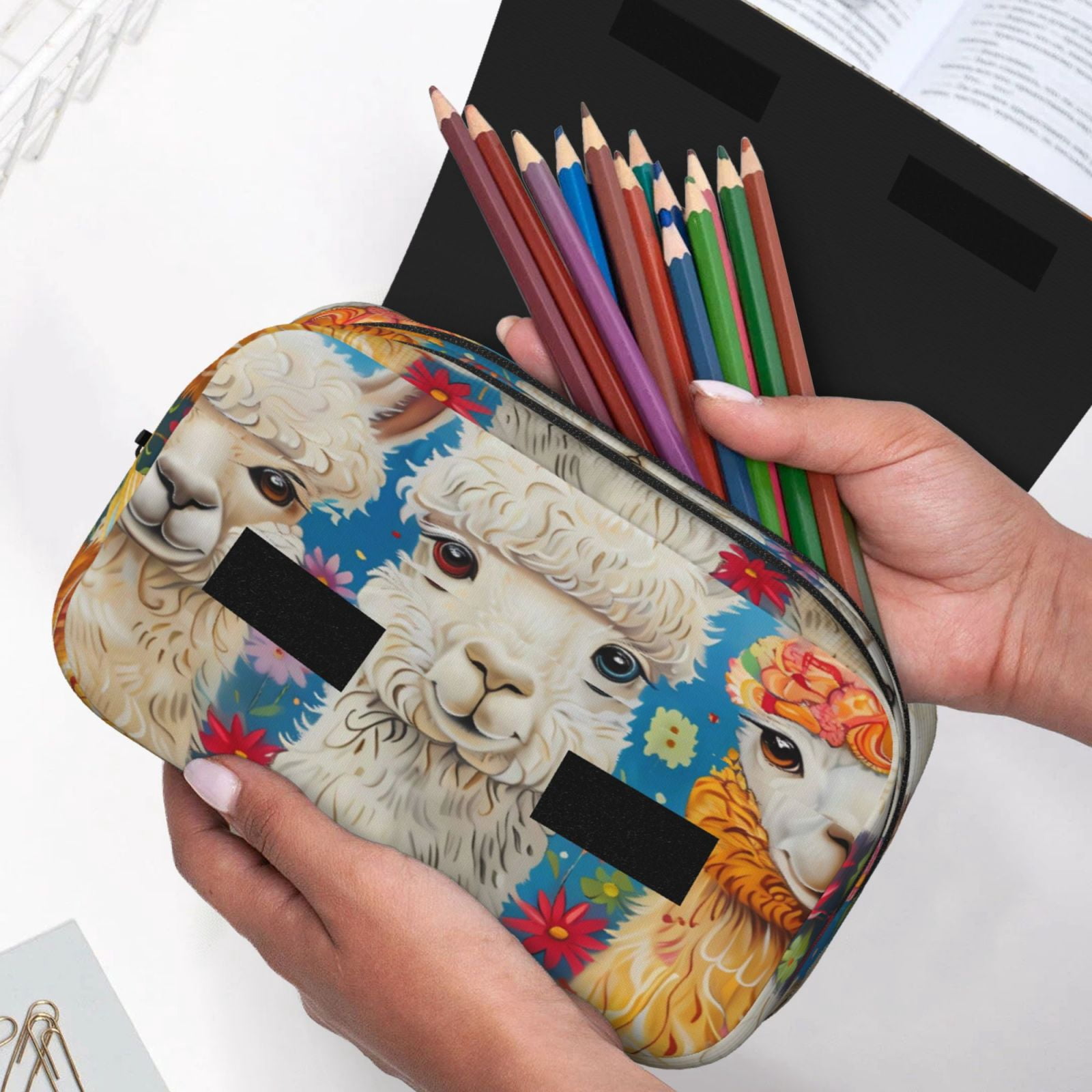 Large-Capacity Flip-Top Double-Layer Pencil Case, Multi-Functional Pocket Pen Case, Durable Stationery Organizer Cute Llamas Alpacas (6)