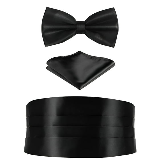 TELOLY 1 Set Men Cummerbund Pocket Square Bow Tie Formal Suit Accessories Pocket Hanky Waistband (Black)
