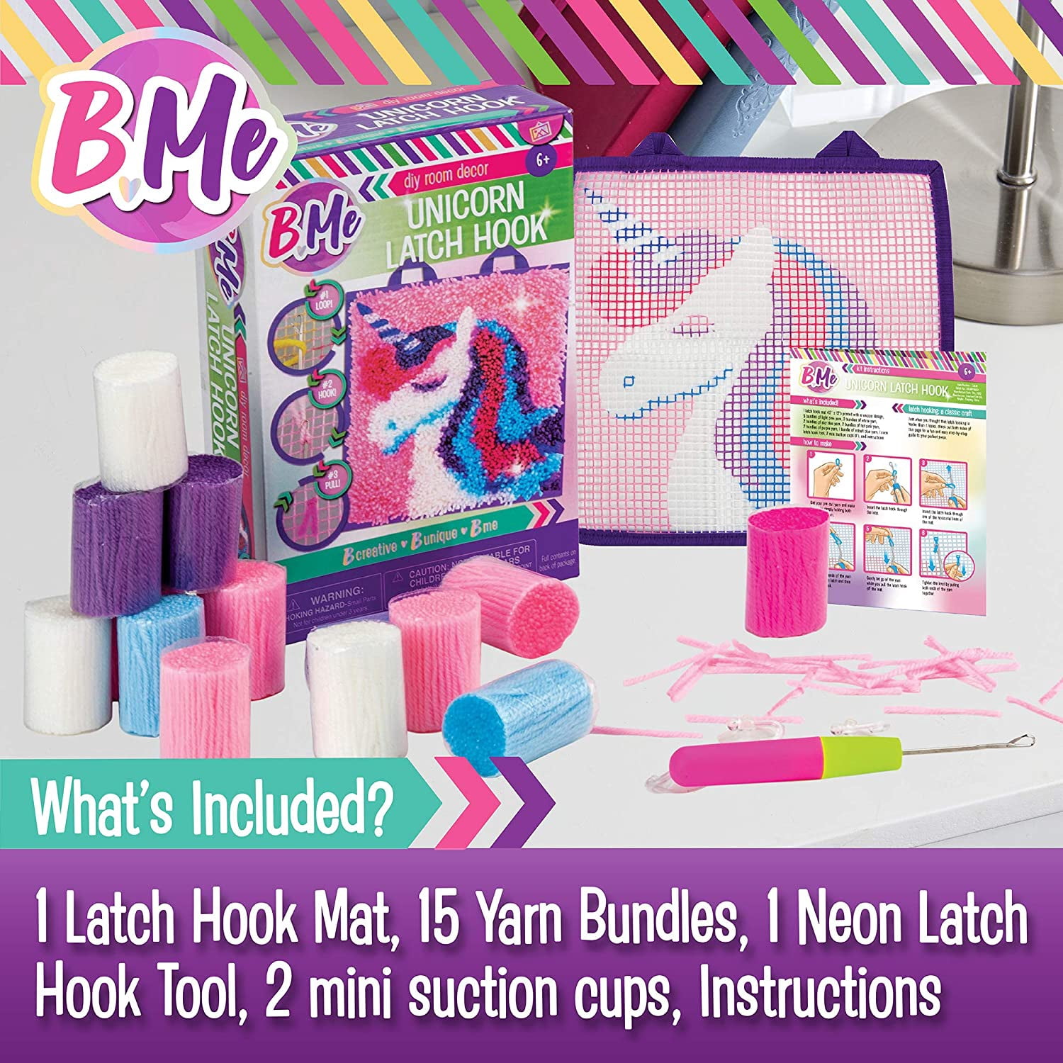 B Me DIY Unicorn Latch Hook Kit for Girls – Mini Rug Sewing Set with 15 Colorful Yarn Bundles, Color-Coded Canvas, DIY Grils Bedroom Décor Idea Perfect Birthday & Gift Age 6+