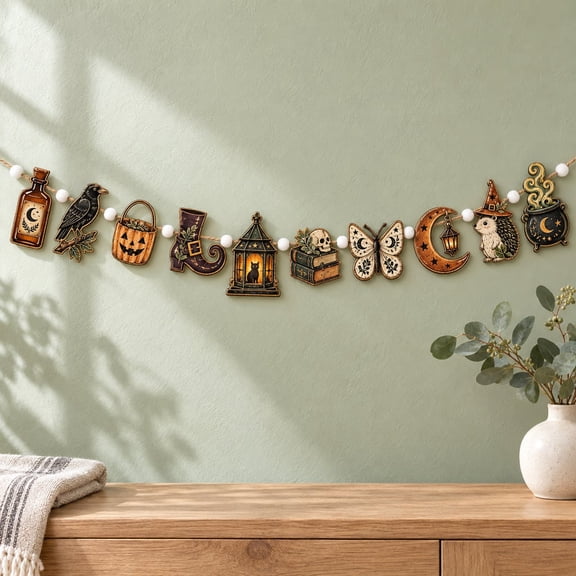 Retro Halloween Faces Wooden Garland, Mantel and Wall Hanging for Halloween