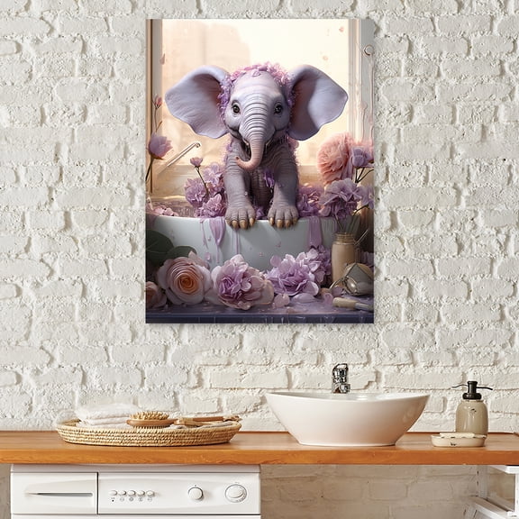 Designart "Purple Dabbling Baby Cow In Tub" Bathroom Wall Decor
