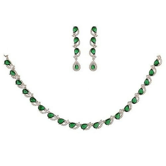Ratnavali Jewels Women's Silver Tone Green Cubic Zirconia Single Line Pear Shape Sleek Necklace Earrings Set for Brides & Weddings.