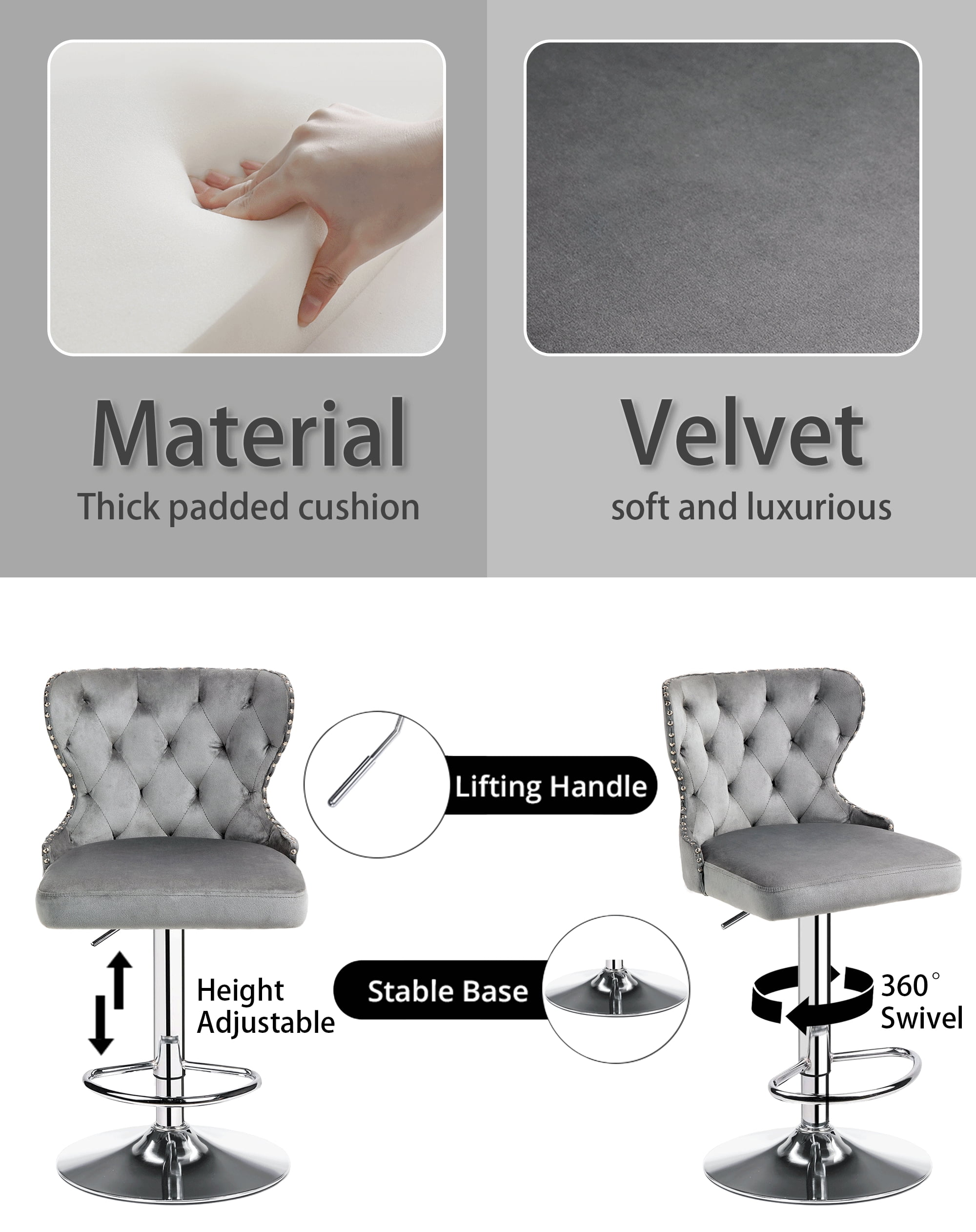 Set of 2 Adjustable Swivel Bar Stools,Velvet Upholstered Counter Height Chairs with Nailhead Trim, Silver Footrest, and High Back for Kitchen Island, Home Bar, Dining Room, Cafe,Gray