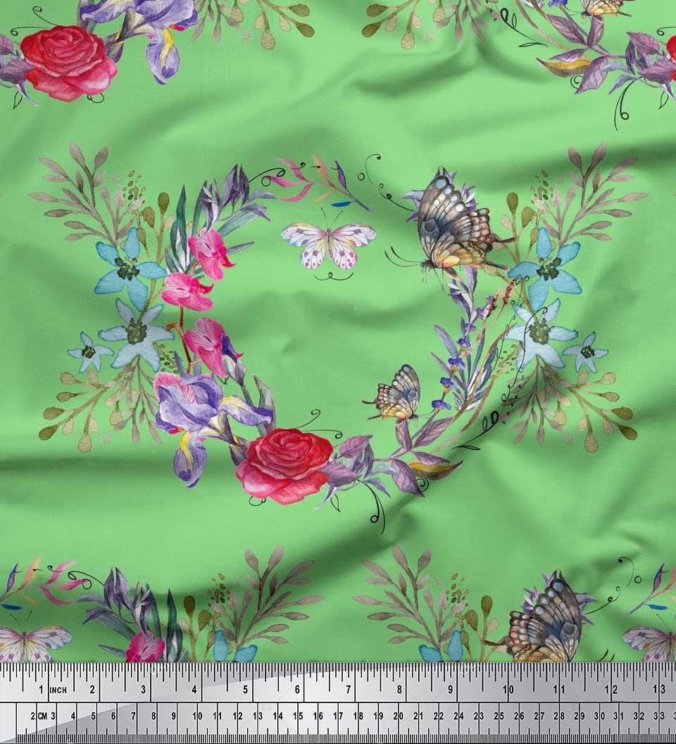 Soimoi Green Polyester Crepe Fabric Insect Rose Wreath Flower Print soimoi-green-polyester-crepe-fabric-insect-rose-wreath-flower-print