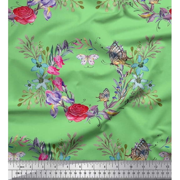 Soimoi Green Cotton Duck Fabric Insect,Rose & Wreath Flower Fabric Prints by Yard 42 Inch Wide