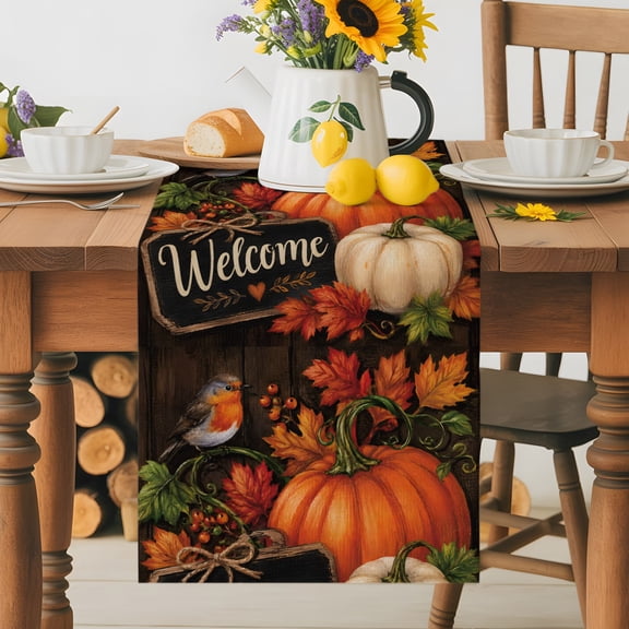 Burlap Table Runner 72 Inches Long, Thanksgiving Pumpkin Fall Harvest Non-Slip Kitchen Table Runners for Dining Room Everyday Use Party Table Decorations Maple Leaf Berry