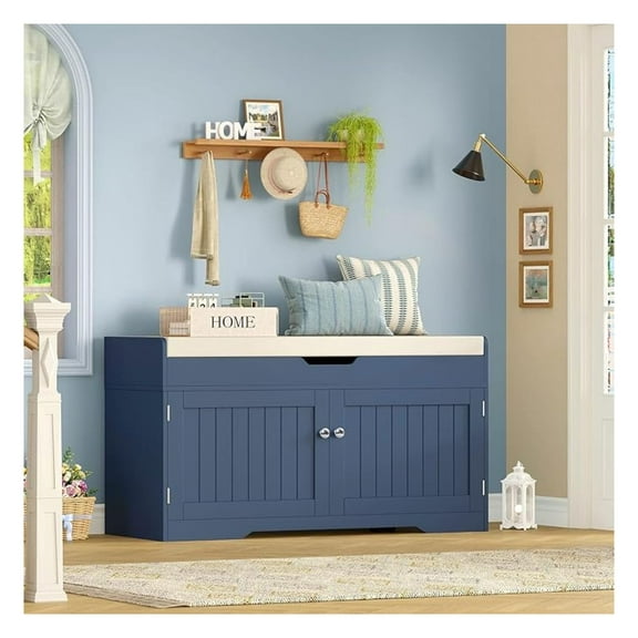 Shoe Bench with Lift Top Storage, Storage Bench with Padded Seat Cushion, Entryway Bench with 2 Adjustable Shelves, for Entryway, Living Room, Bedroom, Blue