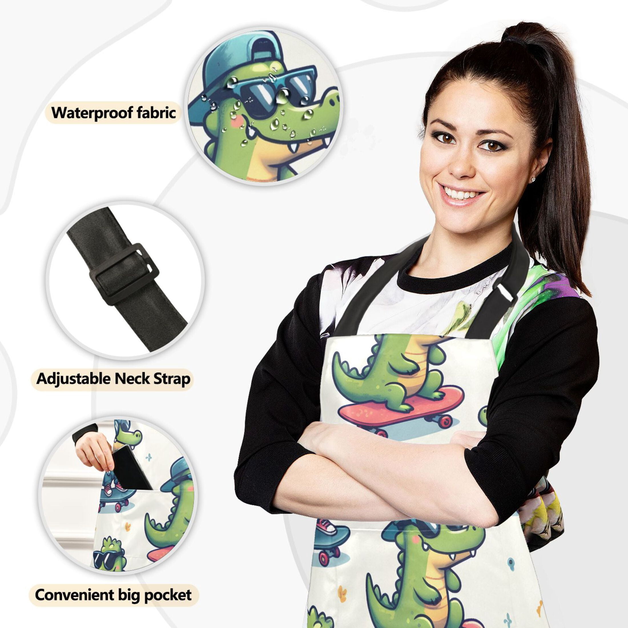 Cool Crocodile with Skateboard 5 Pcs Kitchen Set Heat Resistant Oven Mitts and Non-Slip Pot Holders with Adjustable Cooking Apron
