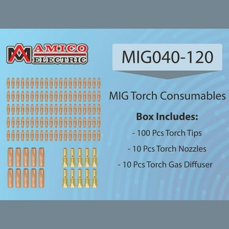 

MIG040-120 MIG Welder Parts 100-pcs .040” Tips 10-pcs Gas Nozzles 10-pcs Gas Diffusers for MTS-165/185/205 MIG-160/180/200 MIG-140GS