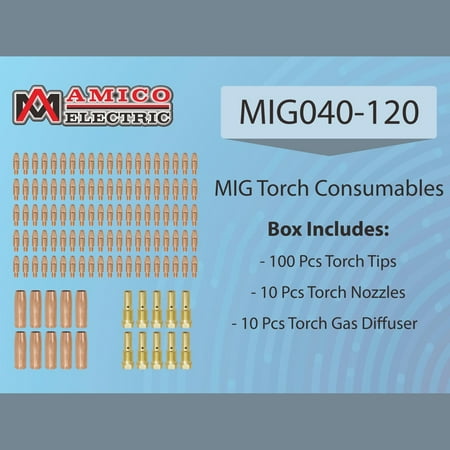 

MIG040-120 MIG Welder Parts 100-pcs .040” Tips 10-pcs Gas Nozzles 10-pcs Gas Diffusers for MTS-165/185/205 MIG-160/180/200 MIG-140GS