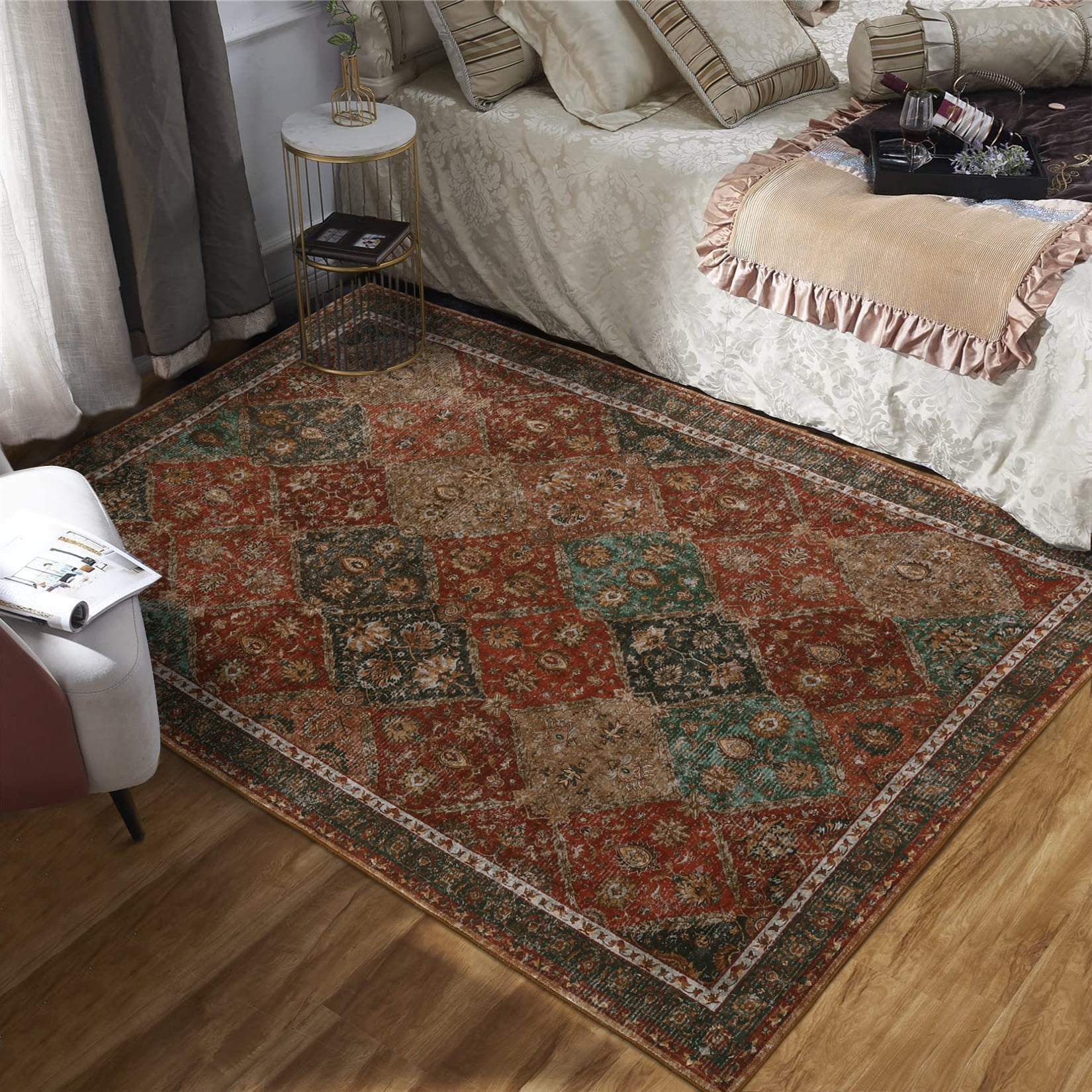 Garvee 5'x7' Area Rug, Washable Persian Rug Vintage Boho Carpet Non Slip Soft Print Rug for Bedroom Dining Room Living Room, Red