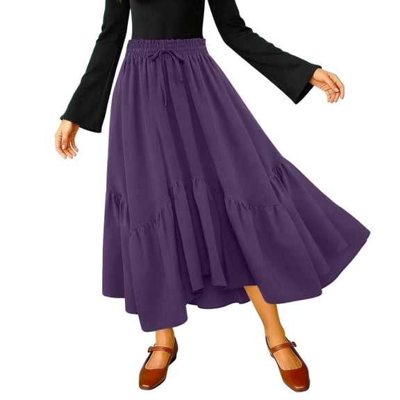 Hduncf Skirts for Women Elastic High Waist Long Skirt Solid Color Casual Flowy Tiered Skirt Trendy Summer Half Body Skirt Purple S