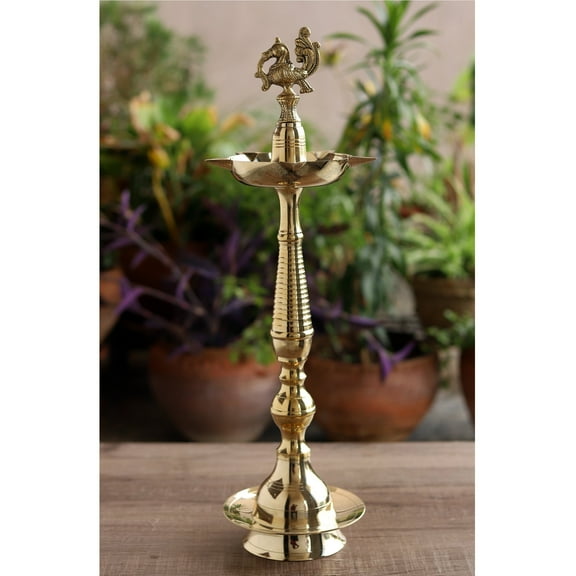 Indian Art Villa Brass Pillar Diya, Kerala Murga Design - 18" Spiritual Décor