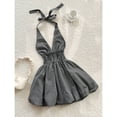 thumbnail image 2 of Black And White Womens Halter Neck Plaid Smocked Waist Mini Dress With Tie Straps, 2 of 6
