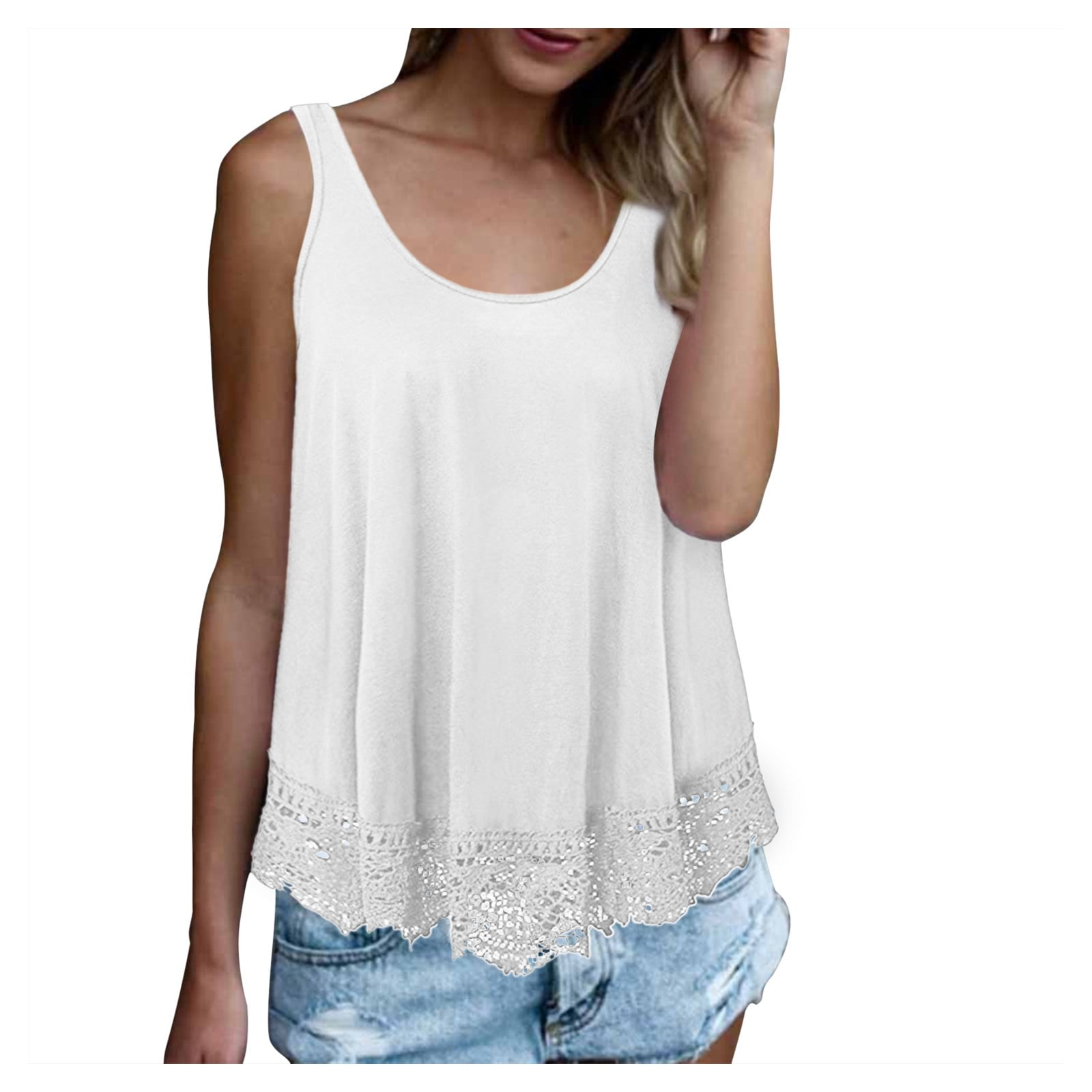 MRULIC tank tops women Women s Casual Swing Lace Flowy Solid Loose O Neck Cotton Tank Top Womens tank tops White XXL Walmart